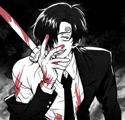 Rule 34 | 1boy, alternate hair color, black hair, blood, blood on clothes, blood on face, bloody weapon, curly eyebrows, facial hair, formal, gloves, highres, male focus, necktie, one piece, rita ya, sanji (one piece), shirt, short hair, solo, suit, weapon