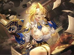 Rule 34 | 1girl, abdooly, action taimanin, alternate costume, blonde hair, blush, book, braid, breasts, curvy, desk, dress, embarrassed, emily simmons, explosion, fingerless gloves, game cg, glasses, gloves, green eyes, holding, holding book, large breasts, library, lilith-soft, long hair, looking at viewer, no bra, open mouth, road, shiny skin, single braid, sitting, skirt, smile, solo, taimanin (series), torn clothes, very long hair, wardrobe malfunction