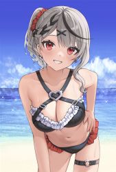Rule 34 | 1girl, absurdres, bare arms, bare shoulders, beach, bikini, black bikini, blue sky, braid, breasts, cleavage, cloud, collarbone, cowboy shot, criss-cross halter, day, ear piercing, earrings, frilled bikini, frills, grey hair, grin, hair ornament, hair scrunchie, hairclip, halterneck, hand on own hip, highres, hololive, jewelry, large breasts, leaning forward, looking at viewer, multicolored hair, navel, ocean, outdoors, piercing, red eyes, sakamata chloe, scrunchie, short hair, sky, smile, solo, standing, stomach, streaked hair, swimsuit, tate yukimi, thigh strap, thighs, virtual youtuber, wavy hair, x hair ornament