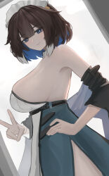 Rule 34 | 1girl, absurdres, arknights, armpits, bare shoulders, blue eyes, blue hair, blue skirt, breasts, brown hair, closed mouth, detached sleeves, from side, hand on own hip, high-waist skirt, highres, huge breasts, kjera (arknights), kjera (ingenious servant) (arknights), long sleeves, looking at viewer, looking to the side, maid headdress, multicolored hair, official alternate costume, short hair, sideboob, skirt, smile, solo, v, wawamachi (wawamachis), white hair