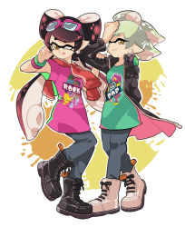 Rule 34 | + +, 2girls, :p, ankle boots, arm grab, black coat, black footwear, black hair, black pants, boots, bracelet, callie (splatoon), closed mouth, coat, commentary, cousins, cross-laced footwear, earrings, english text, eyewear on head, full body, gomipomi, green shirt, grey hair, inkling, jacket, jewelry, long hair, long sleeves, looking at viewer, marie (splatoon), mole, mole under eye, multiple girls, nintendo, one eye closed, open clothes, open coat, paint splatter, pants, print shirt, purple shirt, shirt, short hair, simple background, smile, splatoon (series), splatoon 2, standing, standing on one leg, sunglasses, t-shirt, tentacle hair, tied jacket, tongue, tongue out, trench coat, white background, white footwear