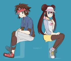 Rule 34 | 1boy, 1girl, bad id, bad pixiv id, black leggings, black pantyhose, blue background, blue eyes, breasts, brown eyes, brown hair, creatures (company), crossed legs, double bun, english text, full body, game freak, hair bun, jewelry, leggings, legs together, long hair, long sleeves, looking at viewer, luo-qin, nate (pokemon), nintendo, pantyhose, pendant, pokemon, pokemon adventures, rosa (pokemon), shoelaces, shoes, simple background, sitting, small breasts, twintails, zipper