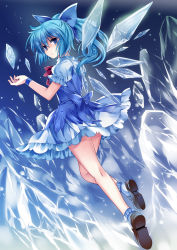 Rule 34 | 1girl, alternate hair length, alternate hairstyle, bad id, bad pixiv id, blue background, blue eyes, blue hair, bobby socks, bow, cirno, dress, female focus, from behind, full body, hair bow, highres, ice, ice wings, long hair, looking at viewer, looking back, matching hair/eyes, moca (pico1987), neck ribbon, pico (picollector79), ponytail, puffy short sleeves, puffy sleeves, ribbon, shoes, short hair, short sleeves, socks, solo, touhou, wings, wristband