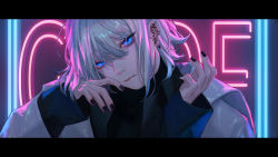 Rule 34 | 1boy, black jacket, black shirt, blue eyes, closed mouth, commentary request, ear piercing, earrings, flipped hair, glowing, glowing eyes, hair between eyes, hair over one eye, hair strand, head tilt, highres, jacket, jewelry, letterboxed, long sleeves, looking at viewer, male focus, nail polish, neon lights, original, piercing, portrait, rit3set, safety pin, shirt, solo, song name, stud earrings, turtleneck, vocaloid, white hair, white jacket