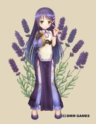 Rule 34 | 1girl, bad id, bad pixiv id, beige background, blunt bangs, book, company name, detached sleeves, dress, flower, flower knight girl, full body, green eyes, hair ribbon, highres, holding, holding book, lavender (flower knight girl), long hair, long sleeves, looking at viewer, nakaishow, name connection, no socks, object namesake, official art, pants, pelvic curtain, pink ribbon, plant, purple footwear, purple hair, ribbon, shoes, simple background, single sleeve, sleeveless, sleeveless dress, smile, solo, standing, thighhighs, very long hair, wristband