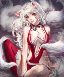 Rule 34 | :p, ahri (league of legends), alternate costume, alternate hair color, animal ears, bare shoulders, bell, breasts, brown eyes, choker, christmas, claparo, cleavage, facial mark, fox ears, fox tail, fur-trimmed legwear, fur trim, heart, heart-shaped pupils, knee up, league of legends, long hair, looking at viewer, medium breasts, multiple tails, neck bell, red thighhighs, sitting, sleeveless, solo, symbol-shaped pupils, tail, thighhighs, tongue, tongue out, whisker markings, white hair