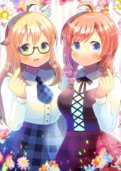 Rule 34 | 2girls, :d, ahoge, blonde hair, blue eyes, blue neckerchief, blue skirt, blurry, blurry background, blush, borrowed character, bow, braid, breasts, brown-framed eyewear, closed mouth, collared shirt, commission, copyright request, depth of field, dress shirt, finger heart, floral background, glasses, green eyes, hair between eyes, hair bow, hand up, kou hiyoyo, long hair, long sleeves, medium breasts, multiple girls, neckerchief, open mouth, orange hair, pink bow, plaid, plaid neckerchief, plaid skirt, puffy long sleeves, puffy sleeves, red skirt, semi-rimless eyewear, shirt, skeb commission, skirt, smile, striped, striped background, twin braids, under-rim eyewear, vertical stripes, very long hair, white shirt