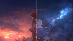 Rule 34 | 1boy, 1other, back-to-back, brown hair, chinese commentary, cloud, commentary, commentary request, english commentary, english text, frisk (undertale), grass, heart, highres, long sleeves, mixed-language commentary, outdoors, rune xiao, sans, scenery, shirt, short hair, signature, sky, star (sky), starry sky, striped, striped shirt, sunset, undertale