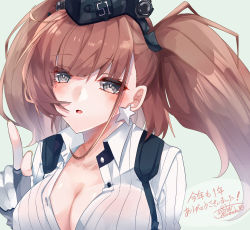 Rule 34 | 1girl, :o, atlanta (kancolle), breasts, cleavage, earrings, fingernails, gloves, hair strand, headgear, highres, index finger raised, jewelry, kantai collection, long hair, looking at viewer, nail polish, partially fingerless gloves, partially unbuttoned, shirt, signature, simple background, solo, star (symbol), star earrings, suspenders, togashi (choco-bakama kitchen), two side up, upper body, white shirt, yellow nails