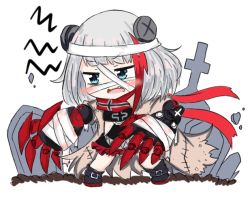 Rule 34 | 1girl, admiral graf spee (azur lane), azur lane, bailingxiao jiu, bandaged head, bandages, black dress, black footwear, blue eyes, blush, boots, chibi, claws, dress, fang, looking away, multicolored hair, open mouth, red hair, red scarf, scarf, short hair, silver hair, simple background, solo, standing, streaked hair, tombstone, wavy mouth, white background