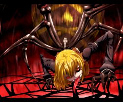 Rule 34 | 1girl, black sclera, blonde hair, breasts, claws, colored sclera, extra eyes, fangs, female focus, arthropod girl, kurodani yamame, kurodani yamame (spider), letterboxed, long sleeves, long tongue, medium breasts, mismatched sclera, monster girl, multiple legs, open mouth, pointy ears, red eyes, short hair, silk, smile, solo, spider girl, spider web, tongue, tongue out, touhou, yuuki (yukigeshou hyouka)