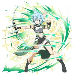 Rule 34 | 1girl, animal ears, armor, asymmetrical sleeves, black footwear, black ribbon, black shorts, blue eyes, blue hair, boots, bow (weapon), breastplate, cat ears, detached sleeves, full body, green sleeves, hair between eyes, hair ribbon, highres, holding, holding bow (weapon), holding weapon, long sleeves, midriff, navel, official art, ribbon, short hair, short shorts, shorts, sidelocks, single sleeve, sinon (sao-alo), solo, standing, stomach, sword art online, sword art online: code register, thigh strap, transparent background, uneven sleeves, v-shaped eyebrows, weapon