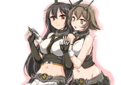 Rule 34 | 10s, 2girls, bare shoulders, black gloves, black hair, blush, breasts, brown hair, fingerless gloves, gloves, headgear, kantai collection, large breasts, long hair, midriff, multiple girls, mutsu (kancolle), nagato (kancolle), navel, open mouth, pencil, red eyes, simple background, smile, wan&#039;yan aguda, white background, white gloves, yellow eyes, yuri