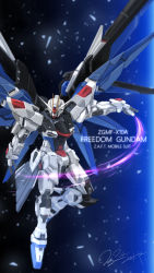 Rule 34 | beam saber, character name, floating, freedom gundam, gundam, gundam seed, highres, holding, holding sword, holding weapon, looking down, mecha, mechanical wings, no humans, robot, serike w, solo, sword, v-fin, weapon, wings
