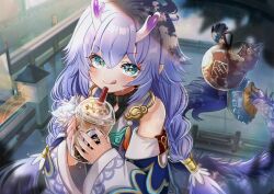 Rule 34 | 1girl, :q, absurdres, bailu (honkai: star rail), bare shoulders, cup, detached sleeves, disposable cup, dragon girl, dragon horns, dragon tail, drink, drinking straw, gourd, green eyes, highres, holding, holding drink, honkai: star rail, honkai (series), horns, looking at viewer, purple hair, shimotsukishin, smile, solo, tail, tongue, tongue out, wide sleeves