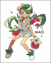 Rule 34 | 1girl, auko, bare arms, black border, border, bounsweet, character name, closed mouth, collarbone, creatures (company), floating hair, flower, full body, game freak, gen 7 pokemon, green eyes, green footwear, green hair, hand up, headband, long hair, mallow (pokemon), nintendo, no pupils, overalls, pink flower, pink shirt, pokemon, pokemon (creature), pokemon sm, shirt, shoes, signature, simple background, sitting, smile, spread legs, tongue, tongue out, trial captain, twintails, v, white background