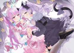 Rule 34 | 2girls, absurdres, ahoge, animal ear fluff, animal ears, aqua hair, black dress, black footwear, blush, bow, bowtie, cat ears, cat tail, colored inner hair, commentary, crescent moon, curtains, dress, feet out of frame, full body, grey thighhighs, hand up, highres, holding hands, hololive, light frown, long hair, long sleeves, looking at viewer, looking back, maid headdress, minato aqua, moon, multicolored hair, multiple girls, murasaki shion, murasaki shion (gothic lolita), official alternate hairstyle, pink bow, pink bowtie, pink dress, pink eyes, pink hair, sitting, star (symbol), streaked hair, tail, tail bow, tail ornament, thighhighs, twintails, very long hair, virtual youtuber, wariza, yana mori, yellow eyes