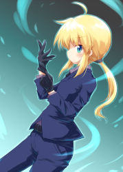 Rule 34 | 1girl, ahoge, artoria pendragon (all), artoria pendragon (fate), ayakashi (monkeypanch), bad id, bad pixiv id, belt, blonde hair, blush, dutch angle, fate/stay night, fate/zero, fate (series), formal, gloves, highres, long hair, pant suit, pants, ponytail, saber (fate), suit