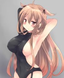 Rule 34 | 1girl, armpits, arms behind head, asymmetrical clothes, blonde hair, blush, bodysuit, breasts, commentary request, covered erect nipples, covered navel, grey background, hair between eyes, hair flaps, hair ornament, hair ribbon, hairclip, heterochromia, highres, hirune (konekonelkk), kantai collection, large breasts, long hair, looking at viewer, murasame (kancolle), orange hair, red eyes, ribbon, simple background, solo, very long hair