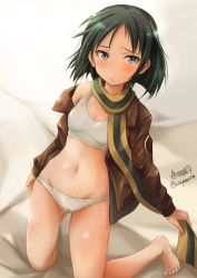 Rule 34 | 10s, 1girl, bad id, bad twitter id, bandaid, black hair, blue eyes, blush, bra, brave witches, breasts, groin, haruhata mutsuki, kanno naoe, navel, panties, pussy juice, small breasts, solo, strike witches, sweat, underwear, white panties, world witches series