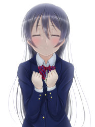 Rule 34 | 10s, 1girl, blazer, blue hair, blush, bow, bowtie, clenched hands, closed eyes, collared shirt, facing viewer, hair between eyes, hands on own chest, incoming kiss, jacket, long hair, long sleeves, love live!, love live! school idol project, otonokizaka school uniform, roaru (gyuren), school uniform, shirt, simple background, solo, sonoda umi, standing, striped bow, striped bowtie, striped clothes, striped neckwear, white background