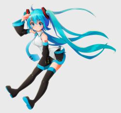 Rule 34 | 1girl, ahoge, arm up, bare shoulders, black footwear, black skirt, black sleeves, black thighhighs, blue eyes, blue hair, blue necktie, boots, breasts, closed mouth, collared shirt, commentary request, detached sleeves, full body, grey background, grey shirt, hair between eyes, hair ornament, hatsune miku, highres, long hair, long sleeves, mamagogo (gomaep), medium breasts, necktie, pleated skirt, shirt, shoe soles, simple background, skirt, sleeveless, sleeveless shirt, sleeves past fingers, sleeves past wrists, smile, solo, thigh boots, thighhighs, twintails, very long hair, vocaloid, wide sleeves