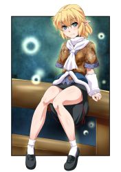 Rule 34 | 1girl, arm warmers, arms at sides, bad id, bad twitter id, black footwear, black skirt, blonde hair, blush, bobby socks, breasts, closed mouth, fence, full body, green eyes, highres, looking at viewer, medium breasts, mizuhashi parsee, ootsuki wataru, out of frame, outside border, pointy ears, scarf, shoes, short hair, sitting, sitting on fence, skirt, socks, solo, touhou, wavy mouth, white scarf, white socks
