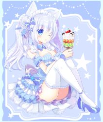 Rule 34 | 1girl, animal ear fluff, animal ears, blue background, blue bow, blue dress, blue eyes, blue footwear, blue sleeves, blush, bow, breasts, cat ears, cherry, cleavage, closed mouth, commentary request, detached sleeves, dress, food, fruit, full body, hair between eyes, hair bow, hair bun, high heels, highres, holding, knees up, long hair, maid headdress, mouth hold, one eye closed, original, parfait, puffy short sleeves, puffy sleeves, shikito (yawa0w0), shoes, short sleeves, side bun, silver hair, single hair bun, single side bun, small breasts, solo, star (symbol), starry background, striped, thighhighs, twintails, utensil in mouth, vertical stripes, very long hair, white thighhighs