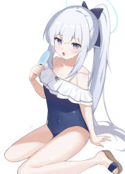 Rule 34 | 1girl, absurdres, blue archive, blue ribbon, brown footwear, casual one-piece swimsuit, commentary, covered navel, dokaw, food, frilled one-piece swimsuit, frills, grey hair, hair ribbon, hand up, highres, holding, holding food, holding ice cream, ice cream, long hair, looking at viewer, miyako (blue archive), miyako (swimsuit) (blue archive), off-shoulder one-piece swimsuit, off shoulder, official alternate costume, one-piece swimsuit, open mouth, ponytail, ribbon, sandals, simple background, sitting, solo, sweat, swimsuit, wariza, white background