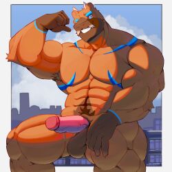 Rule 34 | 1boy, abs, absurdres, animal ears, bara, biceps, bodypaint, capybara boy, capybara ears, cityscape, commission, completely nude, erection, feet out of frame, flexing, furry, furry male, highres, large pectorals, looking at viewer, male focus, mismatched eyebrows, muscular, muscular male, navel, no nipples, nude, original, pectorals, sitting, solo, thick eyebrows, thick mustache, thick navel hair, thick thighs, thighs, uncensored, zhangkuu