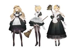 Rule 34 | black gloves, black legwear, blonde hair, choker, closed mouth, clothes lift, eyepatch, gloves, gwayo, hair between eyes, high heels, highres, holding, key, lifting own clothes, long hair, long sleeves, looking at viewer, low ponytail, low twintails, maid, maid headdress, multiple girls, one eye covered, original, shirt lift, short hair, short sleeves, shorts, smile, standing, thighhighs, twintails, white gloves, yellow eyes, zettai ryouiki