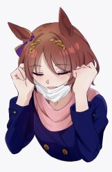 Rule 34 | 1girl, animal ears, blue coat, brown hair, buttons, chokotabetai00, closed eyes, coat, commission, double-breasted, highres, horse ears, horse girl, mask, mouth mask, pink scarf, sakura laurel (umamusume), scarf, short hair, simple background, solo, tracen winter coat, umamusume, upper body, white background, winter clothes, winter coat