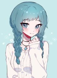 Rule 34 | 1girl, alternate hairstyle, aqua eyes, aqua hair, bad id, bad twitter id, blush, braid, buttons, closed mouth, collarbone, commentary, dress, emi star, english commentary, eyelashes, highres, jewelry, long hair, long sleeves, looking at viewer, necklace, persona, persona 3, persona 4: the ultimate in mayonaka arena, persona 4: the ultimax ultra suplex hold, sleeves past wrists, smile, solo, twin braids, upper body, white dress, yamagishi fuuka