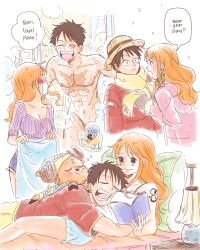 Rule 34 | 1girl, 2boys, bed, between breasts, blush, breast pillow, breasts, clothed female nude male, couple, cuddling, dress, embarrassed, head between breasts, highres, jacket, kkmaro, monkey d. luffy, multiple boys, nami (one piece), nude, one piece, pillow, resting head on breast, scarf, shirt, showering, sleeping, tony tony chopper, towel