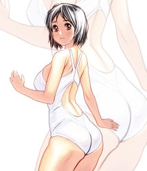 Rule 34 | 1girl, ass, bad id, bad pixiv id, black hair, brown eyes, competition swimsuit, cowboy shot, ishida to asakura, kouno (masao), looking back, one-piece swimsuit, satou-san, short hair, solo, swimsuit, white one-piece swimsuit, zoom layer