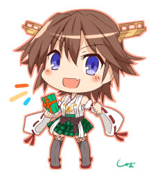 Rule 34 | 1girl, blue eyes, boots, box, brown hair, chibi, detached sleeves, fang, flipped hair, gift, green skirt, hairband, headgear, hiei (kancolle), japanese clothes, kantai collection, plaid, ribbon-trimmed sleeves, ribbon trim, shiba (zudha), short hair, signature, simple background, skin fang, skirt, solo, standing, thigh boots, thighhighs, twitter username, white background