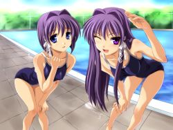 Rule 34 | 00s, 2girls, blue eyes, breasts, clannad, competition school swimsuit, covered erect nipples, fujibayashi kyou, fujibayashi ryou, hair intakes, highres, leaning forward, long hair, medium breasts, multiple girls, non-web source, norizou type-r, one-piece swimsuit, one eye closed, open mouth, pool, poolside, purple eyes, purple hair, school swimsuit, short hair, siblings, sisters, small breasts, swimsuit, thigh gap, thighs, twins, very long hair, water, wink