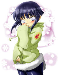 Rule 34 | 1girl, blue hair, blush, covering own mouth, cowboy shot, hand to own mouth, hyuuga hinata, naruse, naruto, naruto (series), simple background, solo, standing, white background, white eyes
