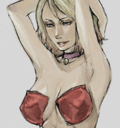 Rule 34 | 1girl, armpits, arms behind head, arms up, bare shoulders, blonde hair, breasts, breasts apart, choker, grin, large breasts, looking at viewer, lowres, maria (silent hill), naughty face, pasties, short hair, silent hill, silent hill (series), silent hill 2, simple background, sketch, smile, solo, taro (artist), upper body, white background