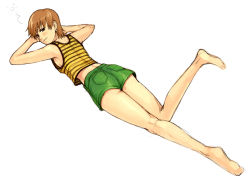 Rule 34 | 00s, 1girl, bare legs, barefoot, brown hair, fate/stay night, fate (series), fujimura taiga, full body, legs, lying, on stomach, short hair, shorts, simple background, sketch, sleepy, solo, tank top, yu 65026