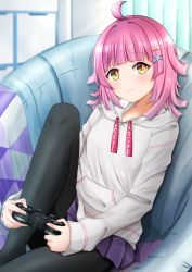 Rule 34 | 1girl, :3, ahoge, black pantyhose, blunt bangs, blush, closed mouth, controller, cushion, drawstring, feet out of frame, game controller, hair ornament, hairclip, highres, hood, hood down, hoodie, indoors, instrument, kamesys, knee up, long sleeves, looking at viewer, love live!, love live! nijigasaki high school idol club, miniskirt, music, pantyhose, pink hair, playing instrument, pleated skirt, purple skirt, short hair, skirt, smile, solo, tennoji rina, white hoodie, x hair ornament, yellow eyes