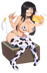 Rule 34 | 1girl, animal print, barleyshake, bikini, black hair, blush, breasts, cellphone, character request, cleavage, cow print, cow tail, diol4179, heart, highres, large breasts, long hair, navel, phone, fake phone screenshot, smartphone, solo, swimsuit, tagme, tail, thighhighs, underwear