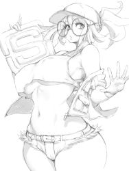 Rule 34 | 1girl, bare legs, baseball cap, breasts, covered erect nipples, cowboy shot, curvy, fio germi, fumio (rsqkr), glasses, hat, large breasts, long hair, looking at viewer, matching hair/eyes, metal slug, midriff, monochrome, navel, off shoulder, parted lips, ponytail, short shorts, shorts, simple background, solo, tank top, underboob, vest, white background, white tank top, wristband
