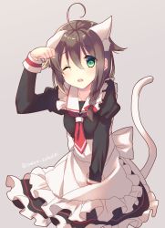 Rule 34 | 10s, 1girl, adapted costume, ahoge, alternate costume, alternate eye color, animal ears, apron, black dress, blue eyes, braid, brown hair, cat ears, cat tail, dress, enmaided, frilled dress, frills, hair flaps, highres, kantai collection, long sleeves, maid, maid apron, one eye closed, open mouth, paw pose, puffy long sleeves, puffy sleeves, shigure (kancolle), shigure kai ni (kancolle), single braid, solo, tahya, tail, twitter username