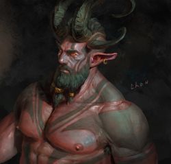 Rule 34 | 1boy, abs, bara, beard, chens art, colored sclera, colored skin, curled horns, earrings, extra horns, facial hair, faux traditional media, full-body tattoo, highres, horns, jewelry, large pectorals, looking at viewer, male focus, mature male, monster boy, muscular, muscular male, nipples, nude, orc, original, pectorals, pointy ears, realistic, red skin, short hair, solo, tattoo, undercut, upper body, yellow sclera