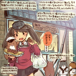 Rule 34 | 10s, 1girl, :d, admiral (kancolle), animal, black skirt, brown eyes, brown hair, commentary request, dated, food, hamster, hat, holding, holding food, kantai collection, kirisawa juuzou, long hair, long sleeves, magatama, musical note, non-human admiral (kancolle), open mouth, ryuujou (kancolle), sailor hat, skirt, smile, speech bubble, traditional media, translation request, twintails, twitter username, visor cap