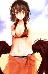 Rule 34 | 1girl, akaiha (akaihagusk), alternate costume, arms at sides, bad id, bad pixiv id, bikini, black wings, blue sky, breasts, brown hair, cloud, cowboy shot, day, feathered wings, foreshortening, highres, hip focus, leaf print, looking at viewer, low wings, medium breasts, navel, pointy ears, red eyes, sarong, see-through, shameimaru aya, short hair, sky, smile, solo, stomach, sunlight, swimsuit, thighs, touhou, twitter username, white bikini, wings