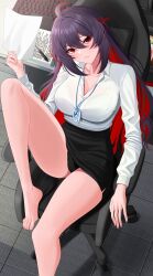 Rule 34 | 1girl, absurdres, ahoge, aircell, black hair, black panties, black skirt, blush, bra visible through clothes, breasts, chair, closed mouth, colored inner hair, desk, feet, floor, highres, holding, holding paper, honkai (series), honkai impact 3rd, keyboard (computer), lanyard, large breasts, leg up, long hair, long sleeves, looking at viewer, multicolored hair, office chair, office lady, open clothes, open mouth, panties, paper, pen, red eyes, red hair, see-through, seele (alter ego), seele vollerei, shirt, shirt tucked in, skirt, solo, swivel chair, tight clothes, tight shirt, two-tone hair, underwear, very long hair, white shirt
