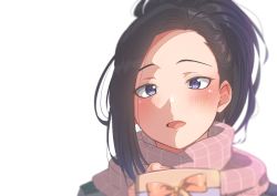 Rule 34 | 1girl, :d, black hair, blue eyes, blurry, blurry foreground, blush, boku no hero academia, box, commentary request, depth of field, gift, gift box, grey scarf, highres, holding, long hair, looking at viewer, mikazuki eru, open mouth, plaid, plaid scarf, scarf, simple background, smile, solo, white background, yaoyorozu momo