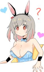 Rule 34 | 1girl, ?, animal ear hairband, animal ears, bare arms, bare shoulders, black choker, black hairband, blue bow, blue bowtie, blue leotard, bow, bowtie, breasts, brown eyes, choker, cleavage, commentary, fake animal ears, genderswap, genderswap (mtf), grey hair, hair between eyes, hair bobbles, hair ornament, hairband, heart, highres, large breasts, leotard, looking at viewer, medium hair, multicolored hair, onii-chan wa oshimai!, pink hair, playboy bunny, rabbit ear hairband, rabbit ears, roa kyabetu, senkawa minato, side ponytail, simple background, solo, strapless, strapless leotard, two-tone hair, upper body, white background, wrist cuffs